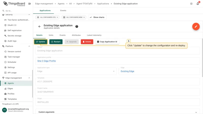 The application details page with the Update action highlighted