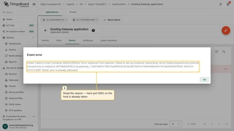 The Event error dialog with the error reason: the container failed to start because port 5001 on the host is already allocated