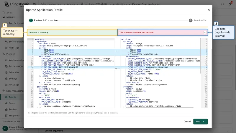 The Update Application Profile dialog with the read-only template on the left and the editable Compose configuration on the right, which is the side that gets saved
