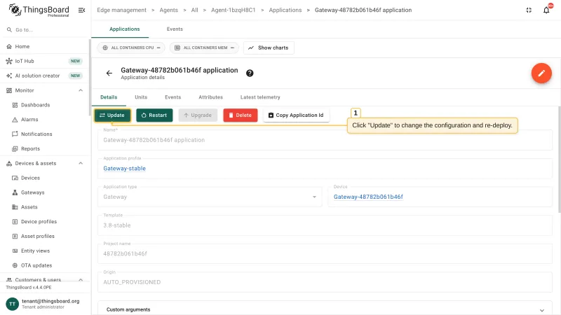 The gateway application details page with the Update action highlighted