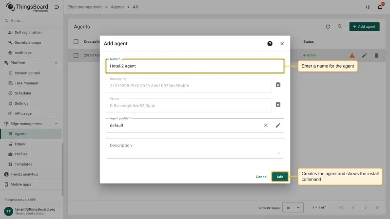 The Add agent dialog with the agent name filled in, the generated routing key and secret, and the Add button highlighted