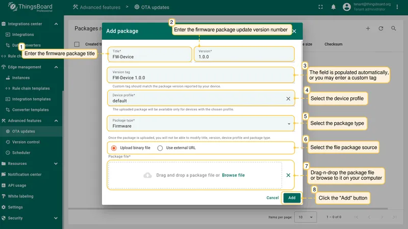 New OTA update package dialog with fields filled in