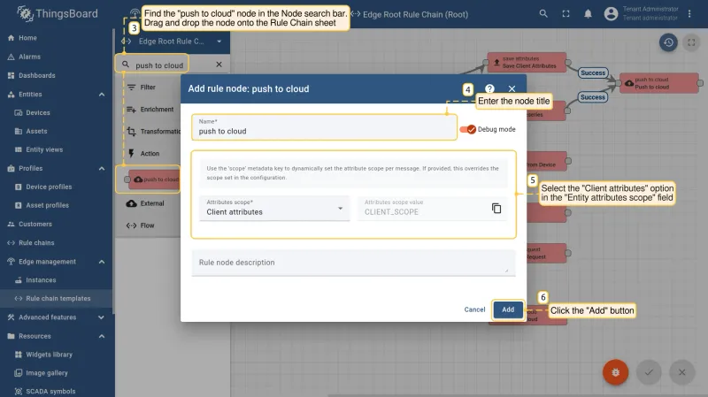 Push to cloud node dialog with Client attributes selected in Entity attributes scope