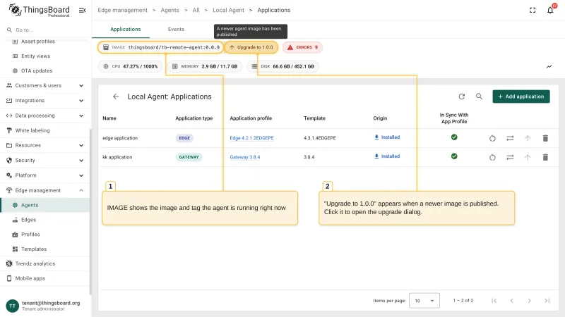The agent Applications page with the IMAGE chip showing the image and tag the agent runs now and the Upgrade to 1.0.0 chip next to it, with the tooltip that a newer agent image has been published