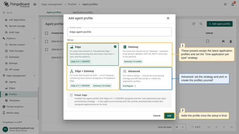 The Add agent profile dialog with the profile name field, the Edge, Gateway, Edge + Gateway, and Advanced setup cards with descriptions, and a summary of what the selected preset creates