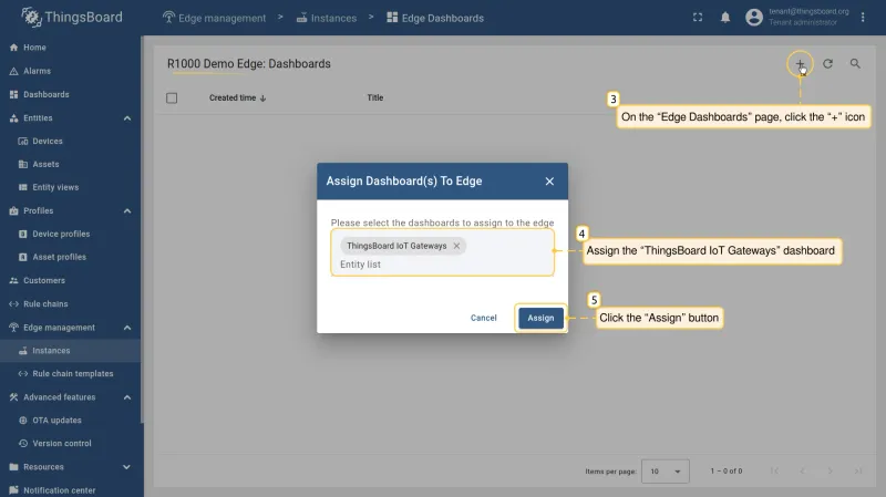 Dashboard assignment dialog with ThingsBoard IoT Gateways dashboard selected