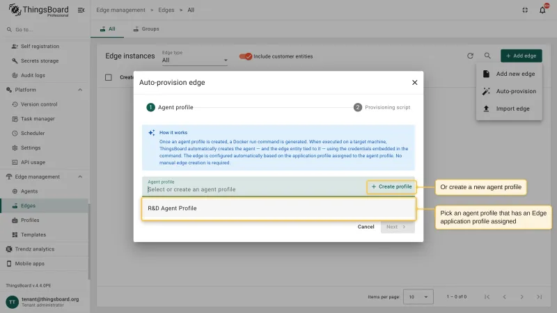 The Agent profile step of the Auto-provision edge dialog with the explanation of how auto-provisioning works, the agent profile selector, and the Create profile button
