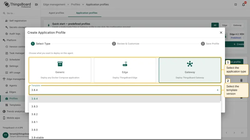 The Select Type step of the Create Application Profile wizard with the Generic, Edge, and Gateway cards and the template version dropdown