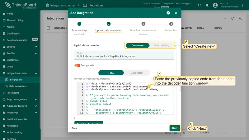 Paste the previously copied script to the Decoder function section. Click "**Next**".