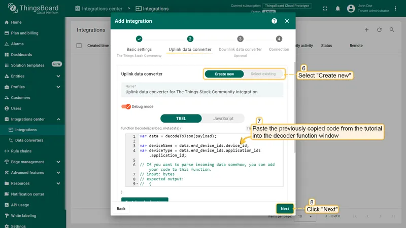 Paste the previously copied script to the Decoder function section. Click "**Next**".