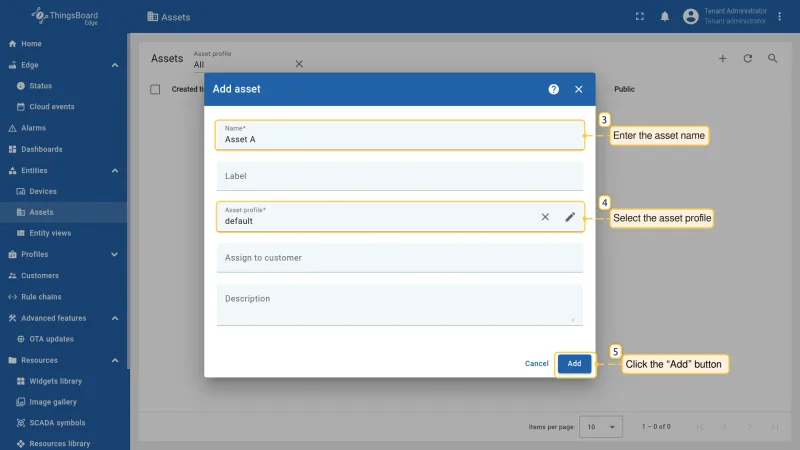 Add asset dialog with Name and Asset profile fields