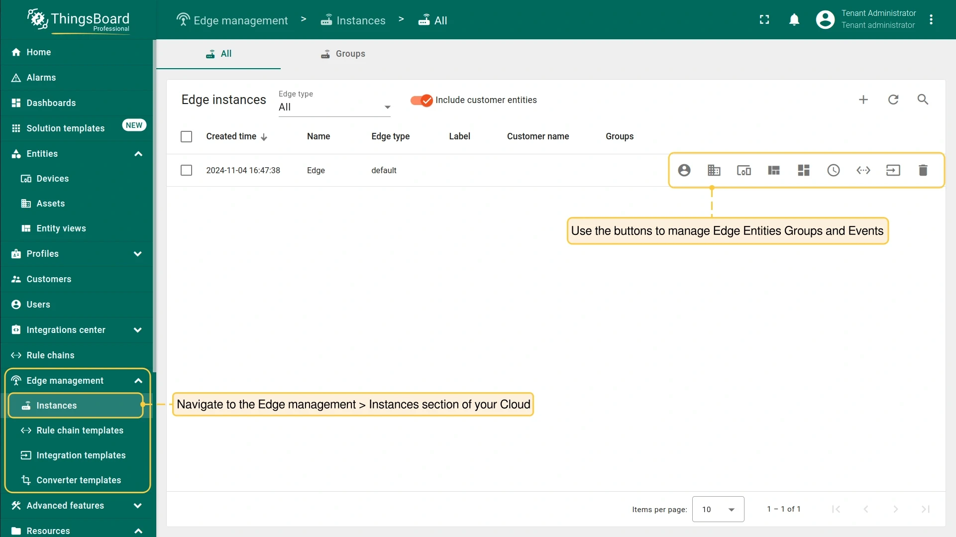 Edge Instances page showing entity group assignment options (PE)
