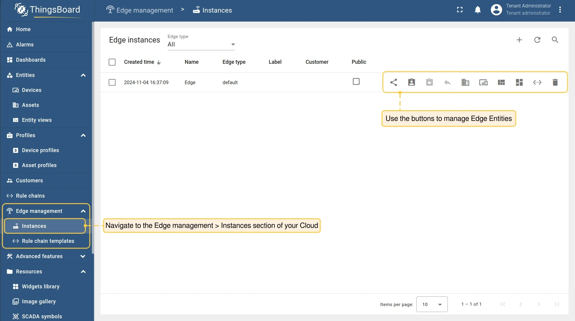 Edge Instances page showing entity assignment options