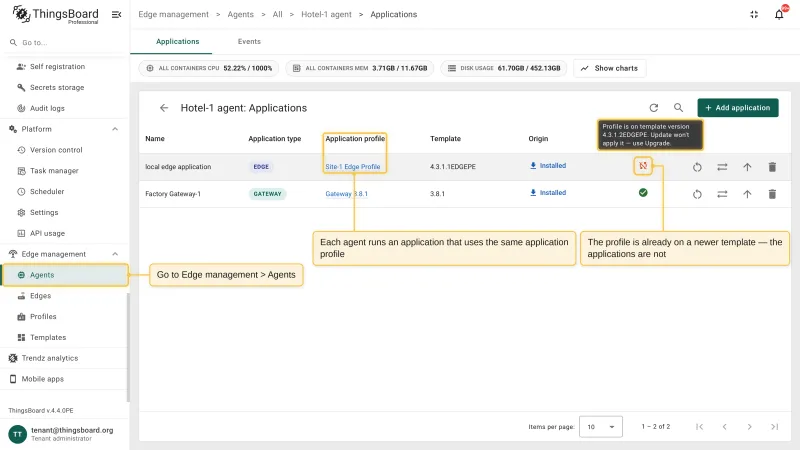 The Applications page of an agent with an Edge application deployed from the shared application profile, where the profile is already on a newer template version than the application
