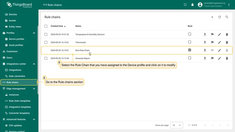 Rule chains section on the server showing the selected rule chain — PE