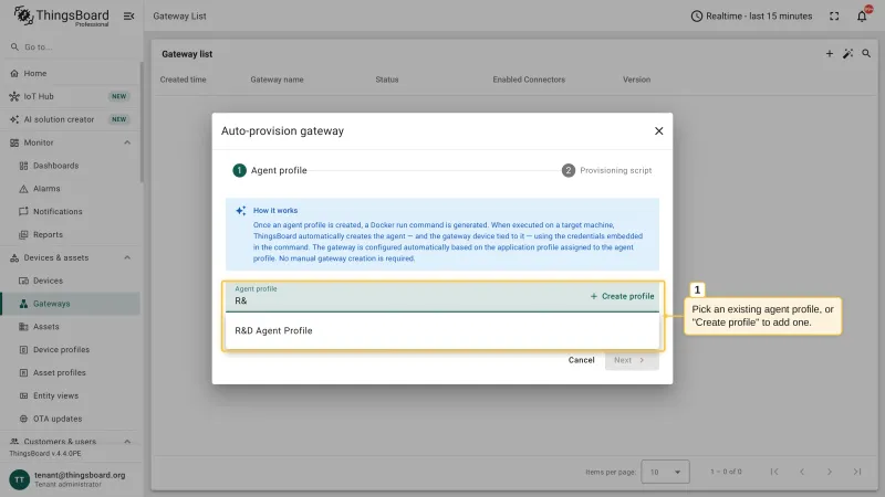 The Agent profile step of the Auto-provision gateway dialog with the explanation of how auto-provisioning works, the agent profile selector, and the Create profile button
