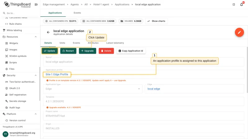 The application details page with an assigned application profile and the highlighted Update action