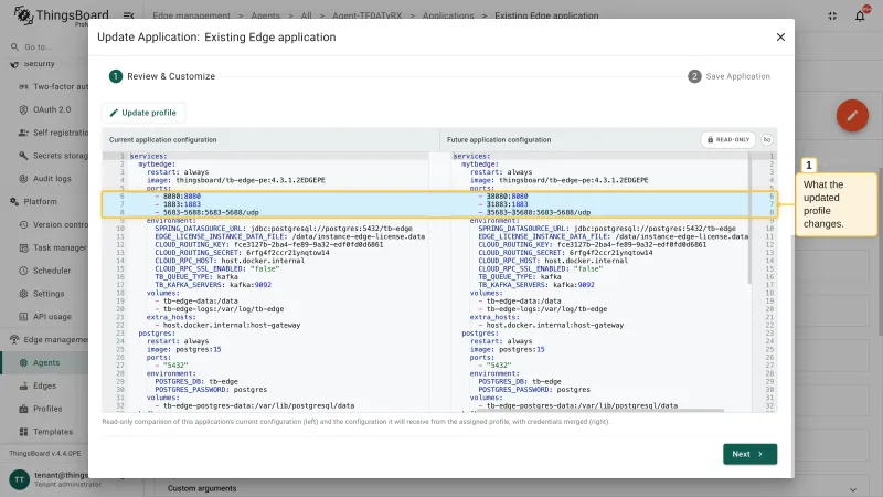 The Update Application dialog with the comparison highlighting the configuration lines that the updated profile changes