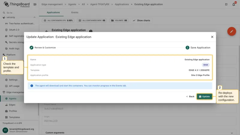 The Save Application step of the Update Application dialog with the summary of the application name, type, template, and application profile, and the Update button