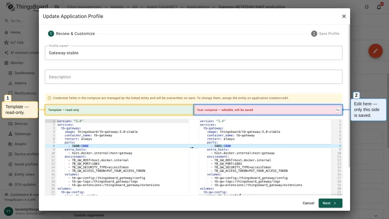 The Update Application Profile dialog with the read-only template on the left and the editable Compose configuration on the right, which is the side that gets saved