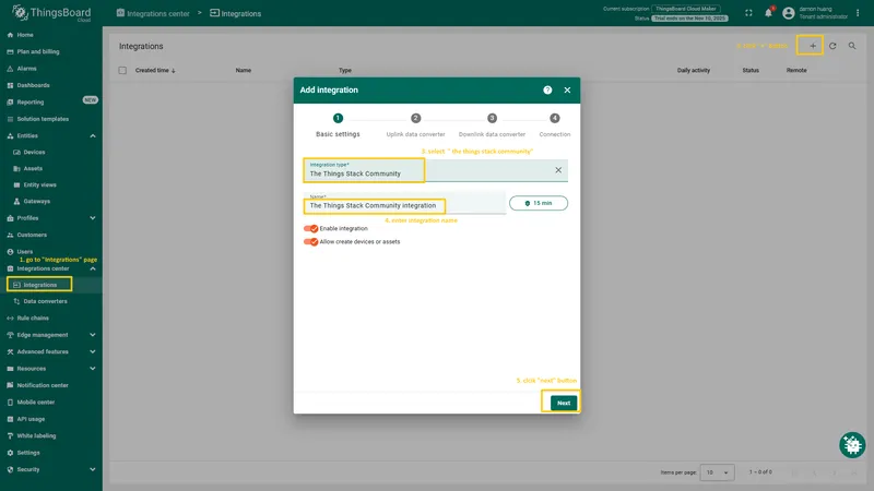 Click "**plus**" icon in the upper right corner to add new integration. Select "**The Things Stack Community**" integration type. Then, click "**Next**" button.