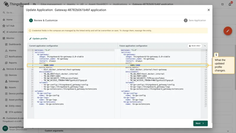 The Update Application dialog with the comparison highlighting the configuration lines that the updated profile changes