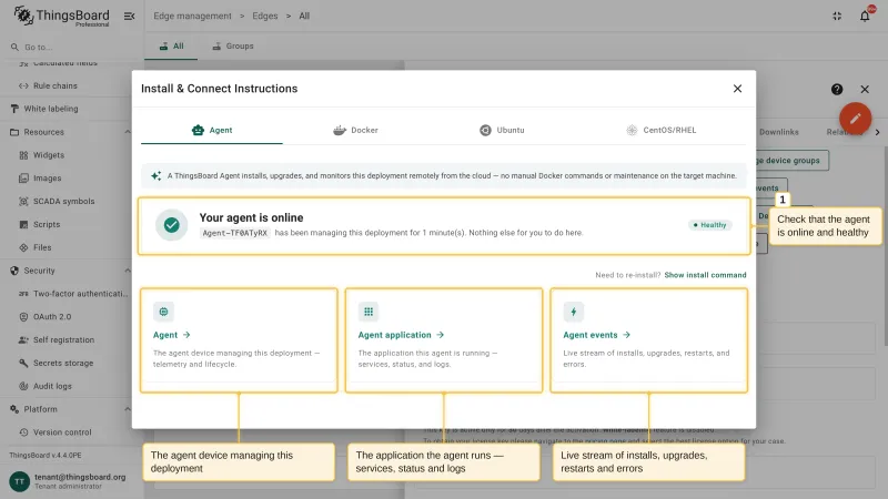 The Agent tab of the Upgrade Instructions dialog with the message that the agent is online and healthy, and the cards linking to the agent, the agent application, and the agent events