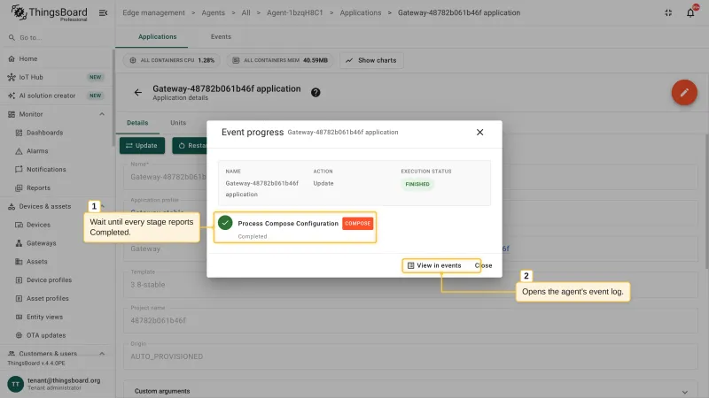 The Event progress dialog of the finished update with the completed Process Compose Configuration stage and the View in events action
