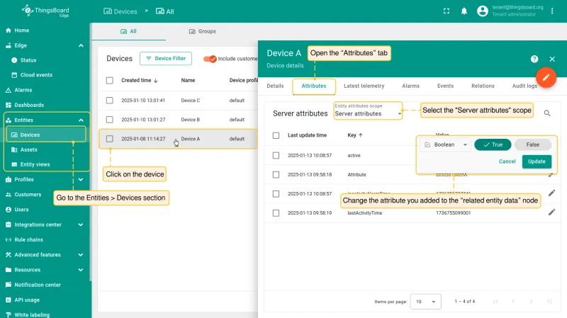 Device attributes tab with the tracked attribute being changed (PE)