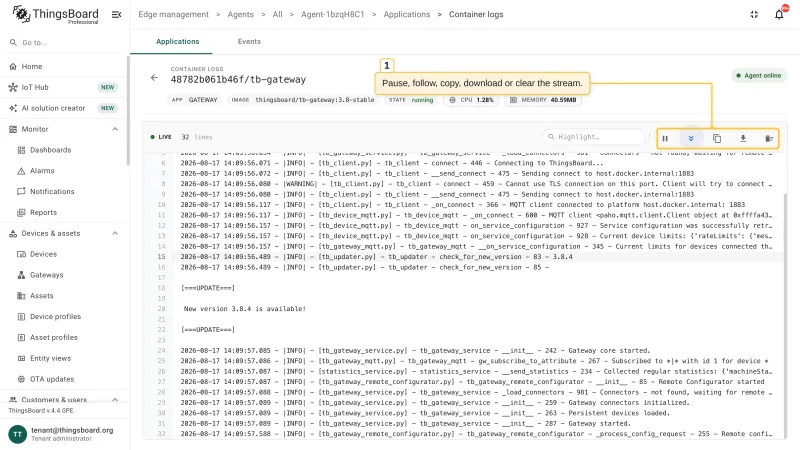 The container logs viewer with the live log stream of the gateway container and the pause, follow, copy, download, and clear controls