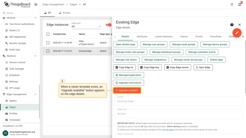 The Edge details page with the highlighted Upgrade available button that appears when a newer template version exists