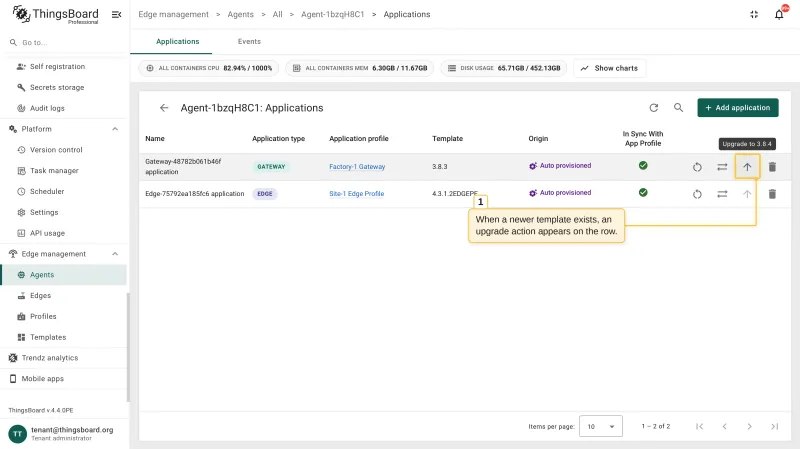The Applications table of the agent with the upgrade row action that appears on the gateway application when a newer template version exists