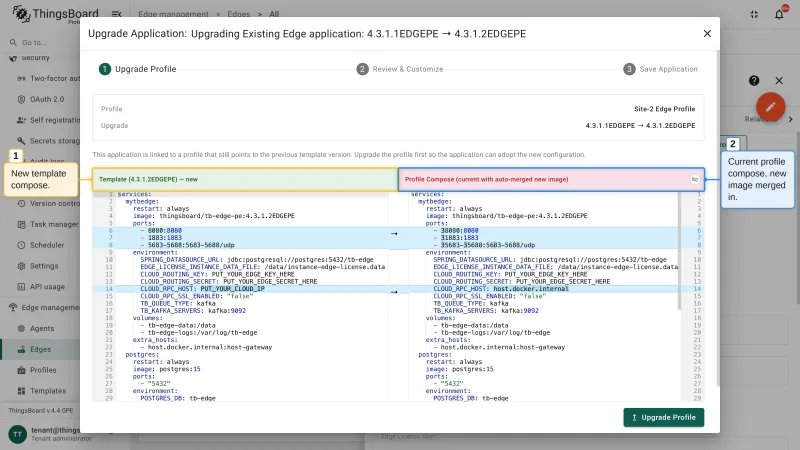 The Upgrade Profile step of the Upgrade Application wizard comparing the new template Compose with the current profile Compose that has the new image auto-merged in