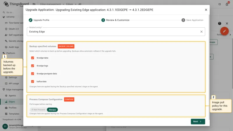 The Review and Customize step of the Upgrade Application wizard with the volumes to back up before the upgrade and the image pull policy