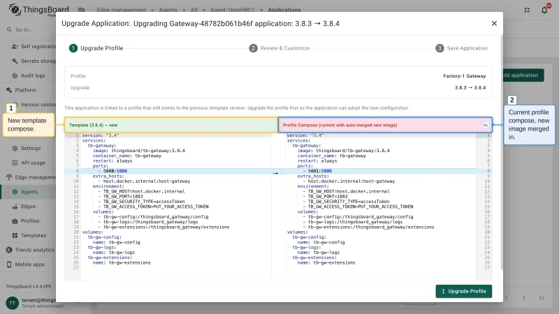 The Upgrade Profile step of the Upgrade Application wizard comparing the new template Compose with the current profile Compose that has the new image auto-merged in