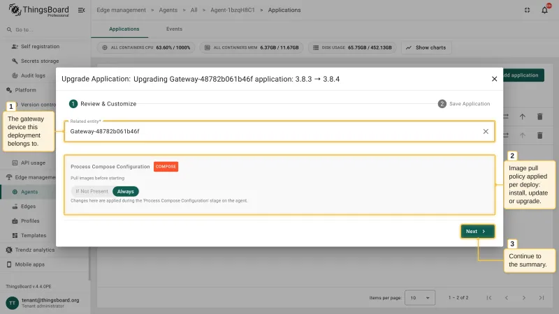 The Review and Customize step of the Upgrade Application wizard with the related gateway device and the image pull policy