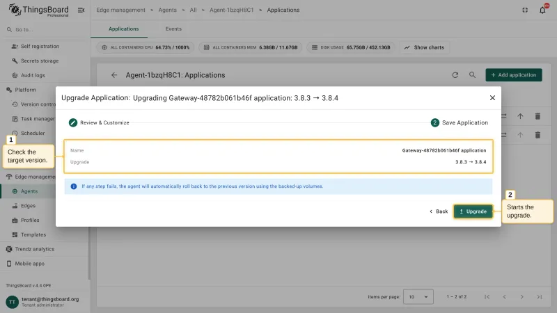 The Save Application step of the Upgrade Application wizard with the summary of the target version and the note about automatic rollback