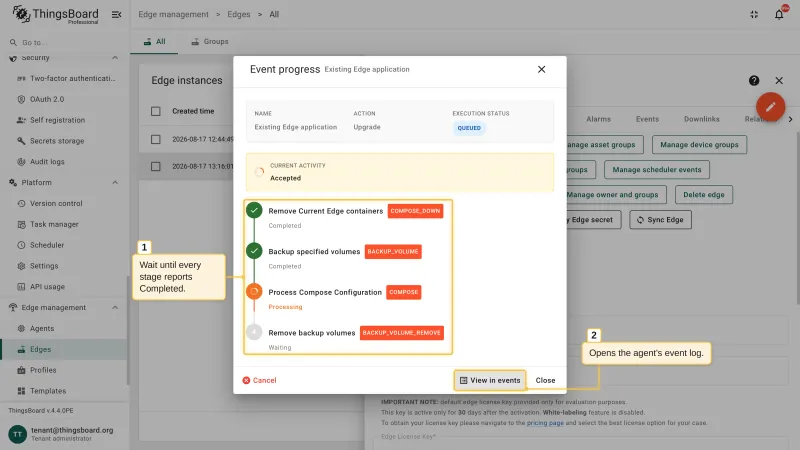 The Event progress dialog of the upgrade with the per-stage breakdown and the View in events action