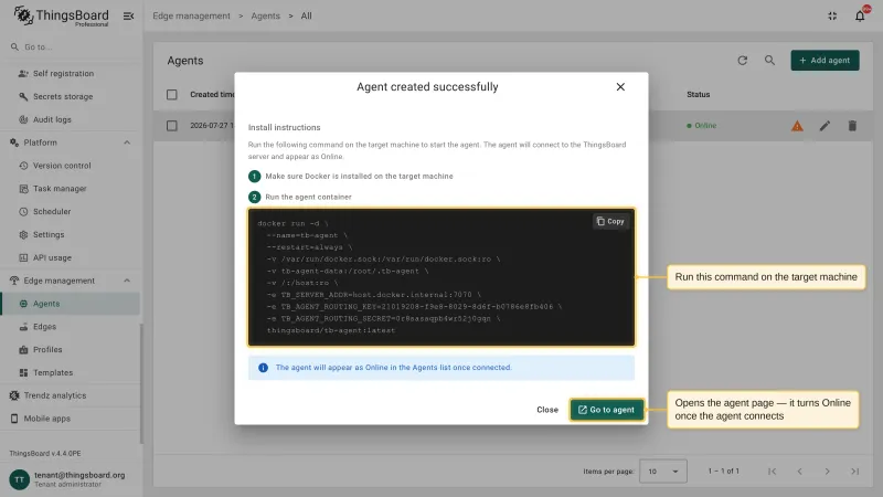 The Agent created successfully dialog with install instructions and a docker run command with the server address and credentials already filled in