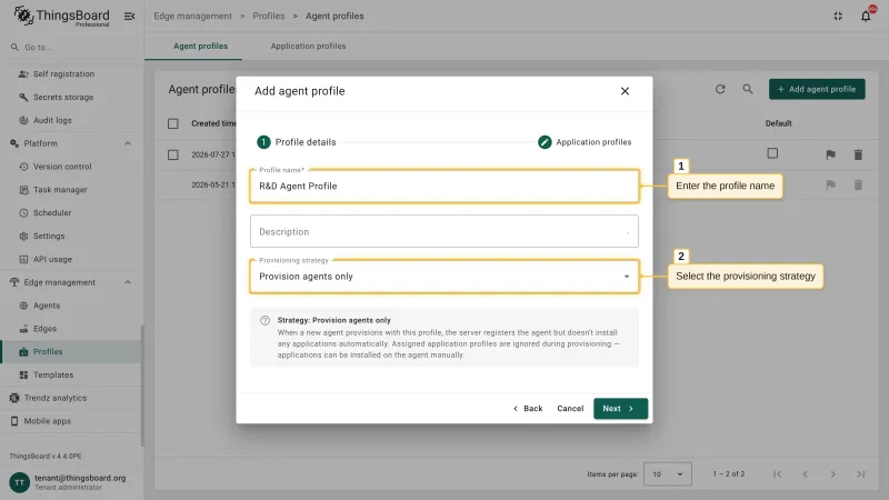 The Profile details step of the advanced setup with the profile name field and the provisioning strategy selector