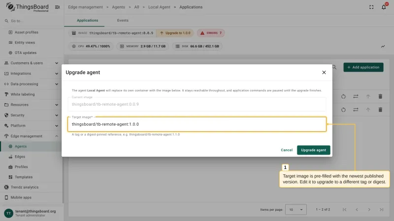 The Upgrade agent dialog with the read-only current image, the target image pre-filled with the newest published version, the hint that a tag or a digest-pinned reference is accepted, and the Upgrade agent button