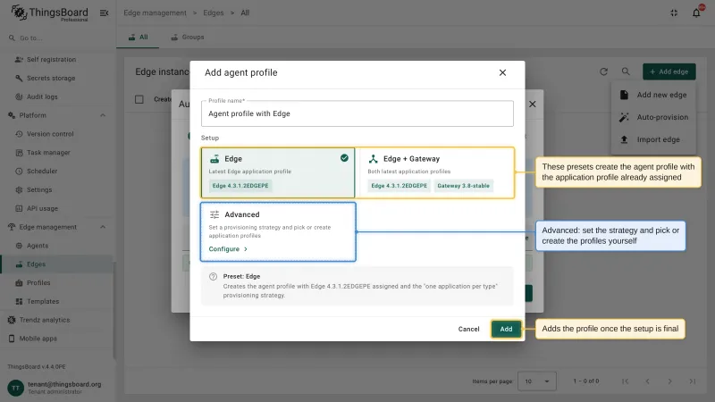 The Add agent profile dialog with the Edge and Edge plus Gateway presets that assign the latest application profiles, and the Advanced setup option