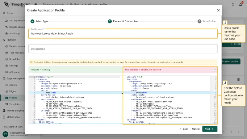 The Review & Customize step of the Create Application Profile wizard with the profile name field and the editable Docker Compose configuration next to the read-only template