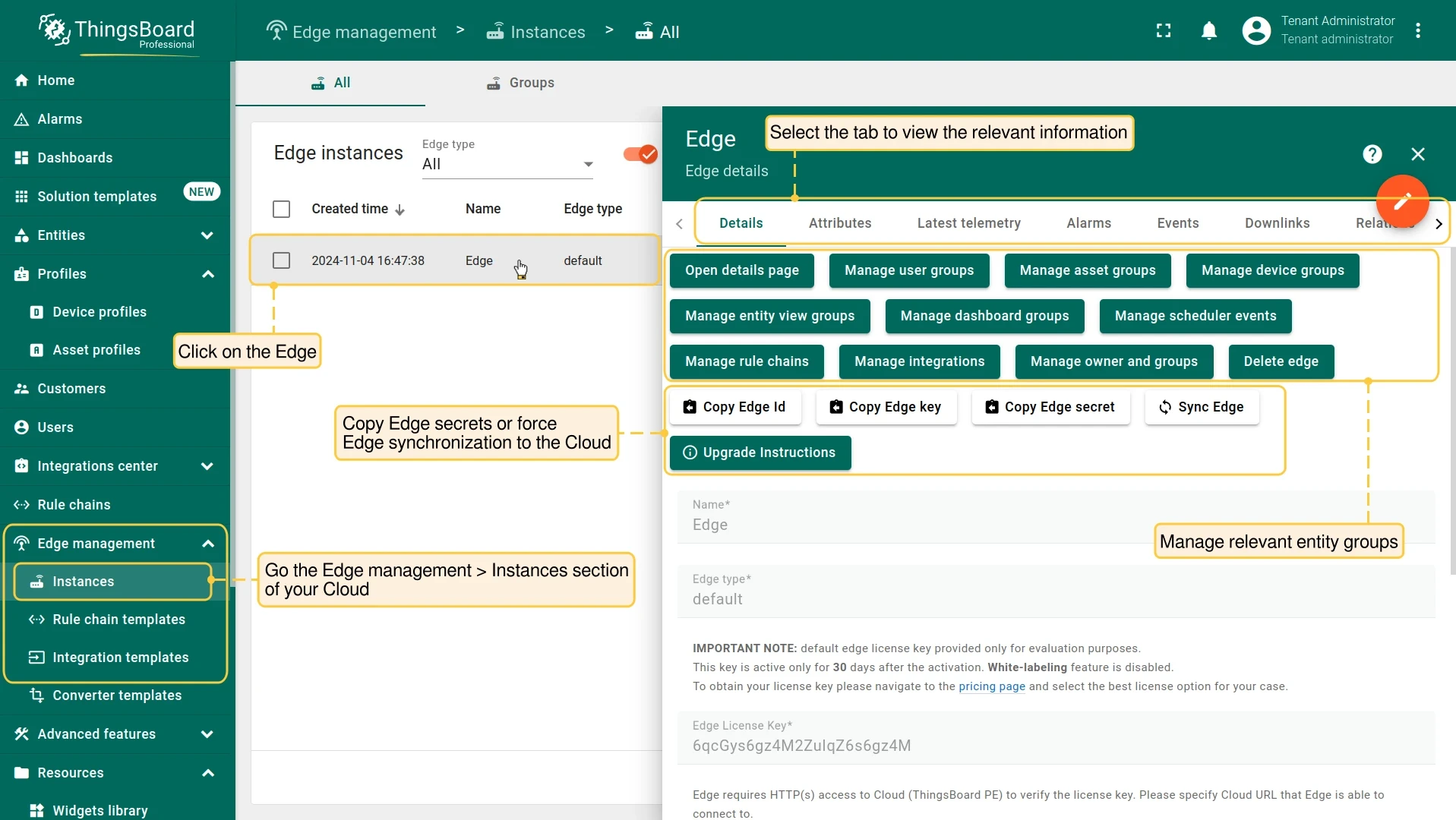 Edge Details page (PE) showing tabs for attributes, telemetry, alarms, events, and more