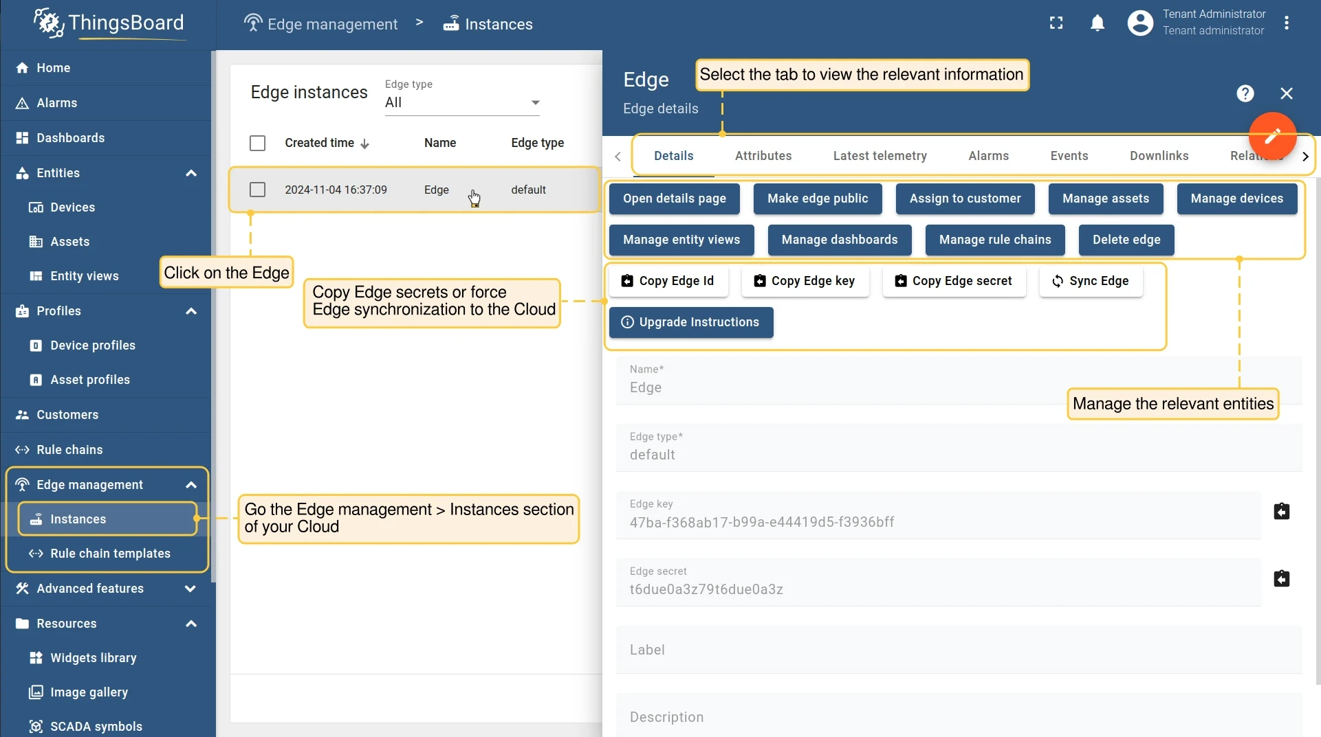 Edge Details page showing tabs for attributes, telemetry, alarms, events, and more