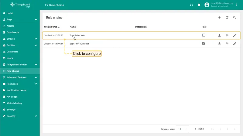 New rule chain listed in the Edge Rule chains section (PE)