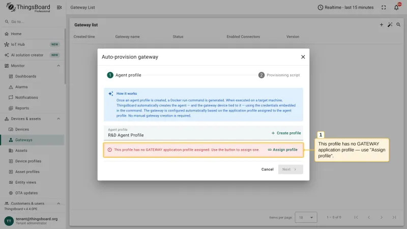 The Auto-provision gateway dialog with the warning that the selected agent profile has no Gateway application profile assigned and the Assign profile button