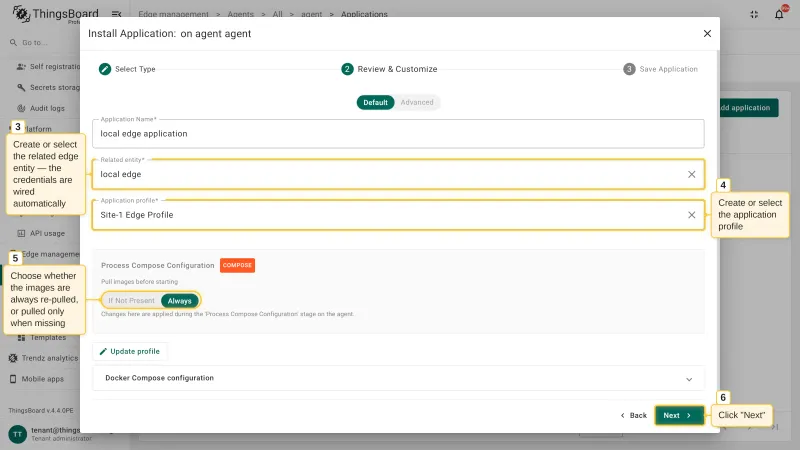 The Review & Customize step of the Install Application wizard with the application name, related entity, application profile, and image pull policy fields