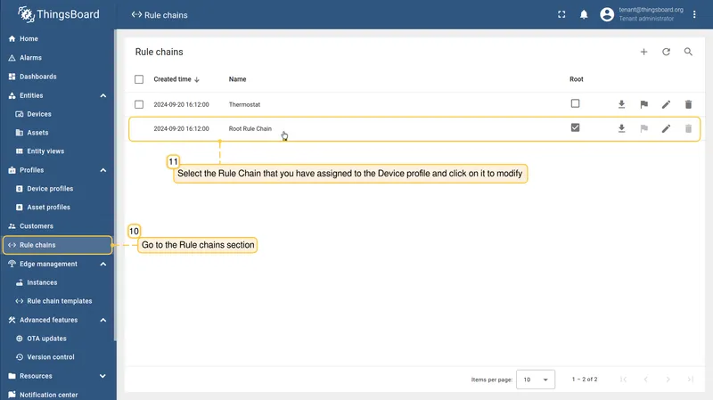 Rule chains section on the server showing the selected rule chain — CE