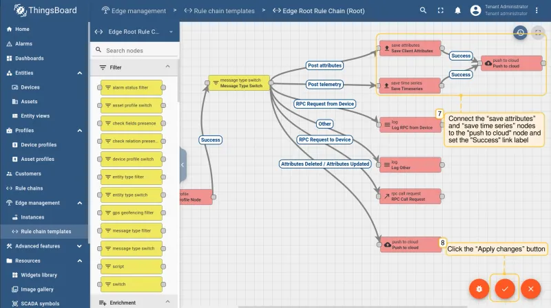 Rule chain with save attributes and save time series connected to push to cloud